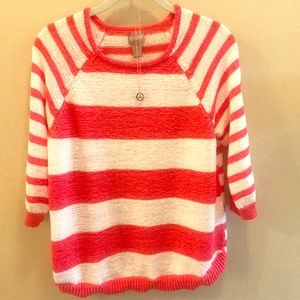 Chico’s Coral White Striped Pullover Crew Sweater